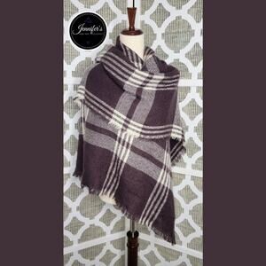 Unbranded Merlot and Cream Plaid Raw Edge Fringe Scarf Wrap Shawl